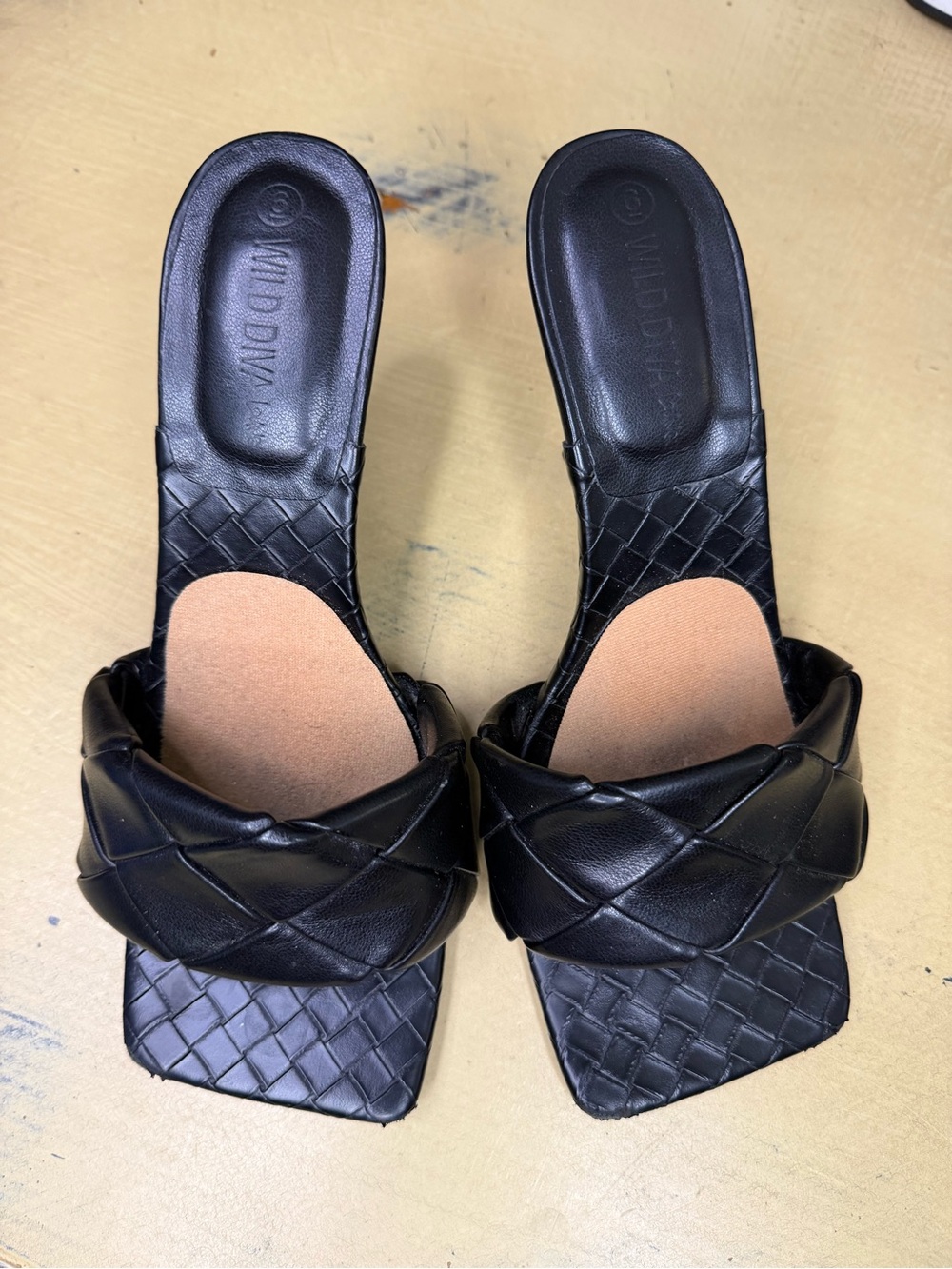 Wild Diva Black Braided Square-Toe Slide Mules